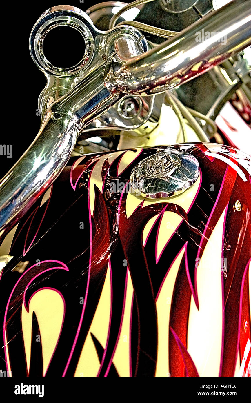 Low Angle Side View Photo Of The Front Forks Handlebars Tank Of A Custom Chopper Motorcycle Stock Photo Alamy