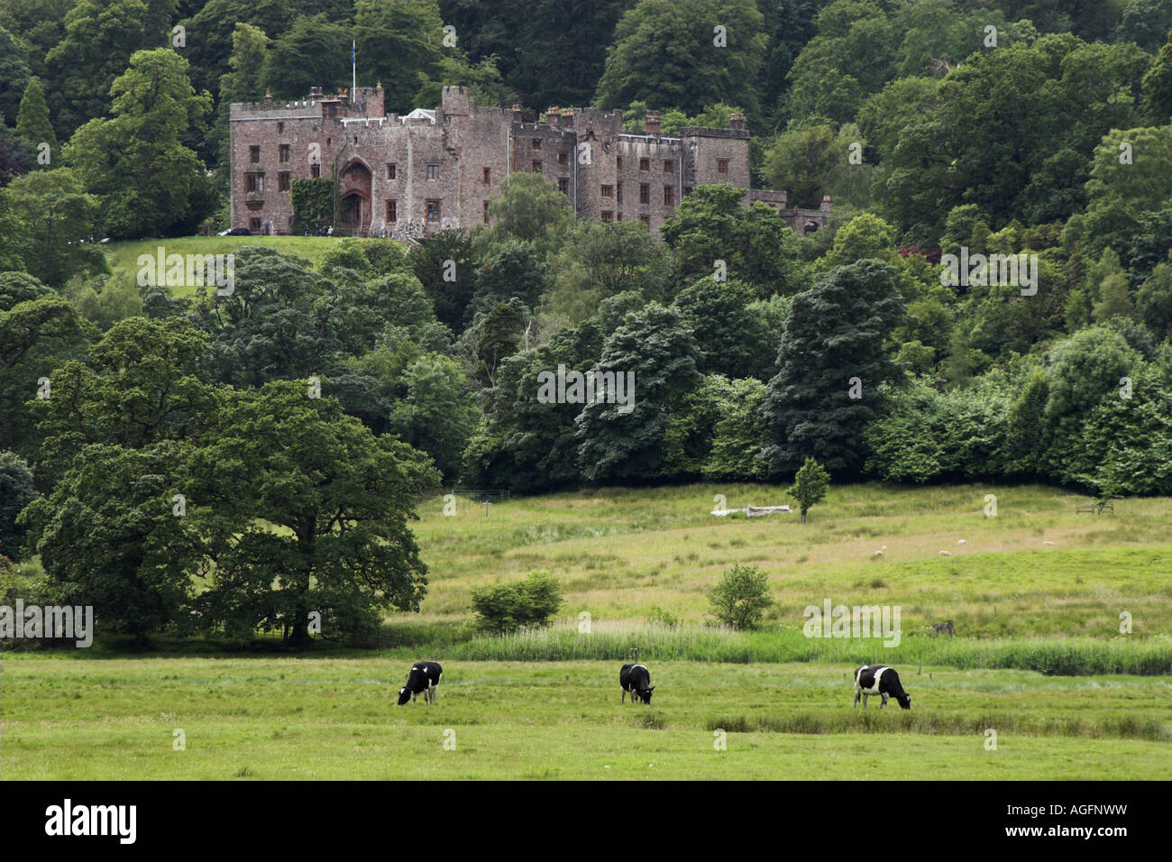 View across the fields to Muncaster Castle at Ravenglass, Eskdale in the English Lake district, Cumbria, UK Stock Photo