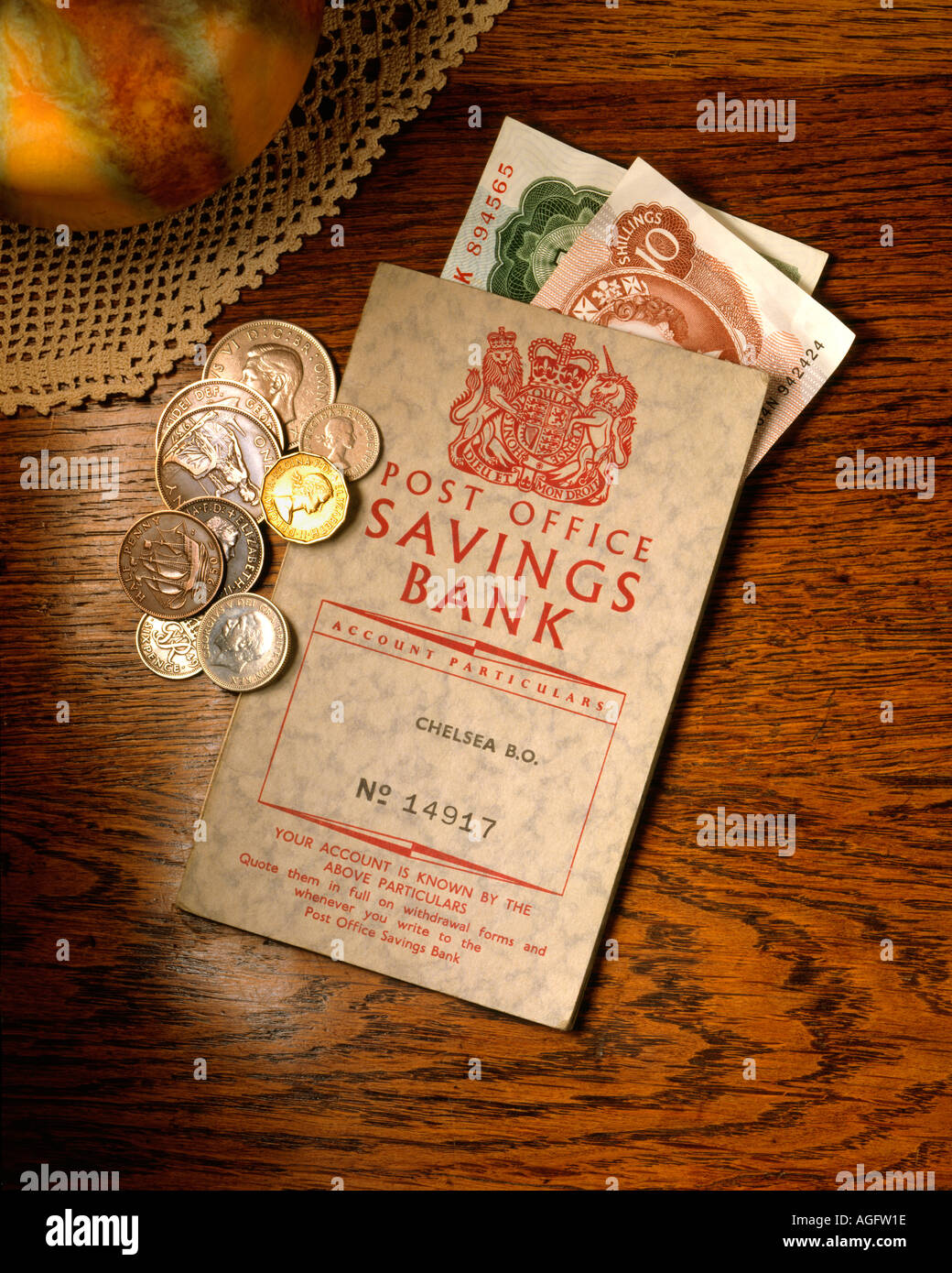 National Savings book with old currency from the United Kingdom Great Britain Stock Photo