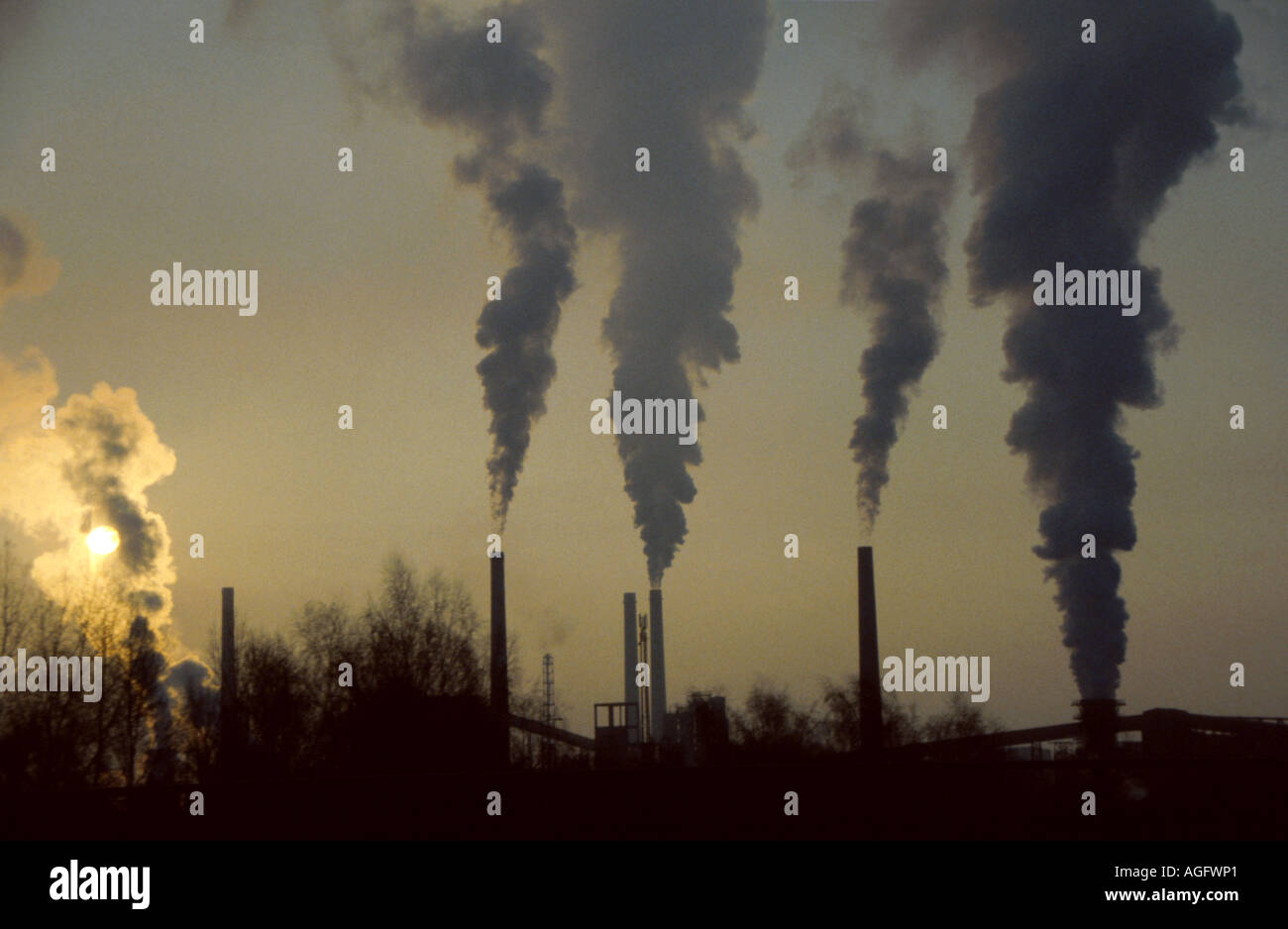smoking chimneys, in industry zone, Austria, Linz Stock Photo