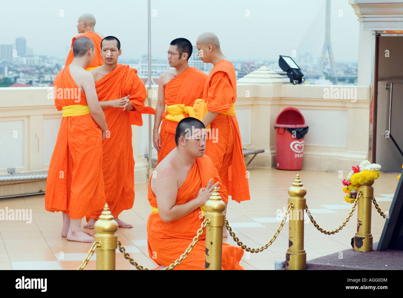 Thailand Bangkok Buddhist Monks Praying At Wat Saket Golden Mount Phu Khao Thong Stock Photo