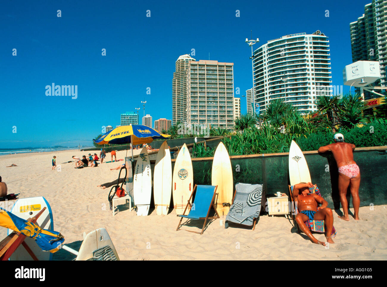 surfboards and surfers, Surfers Paradise, Queensland Gold Coast, Australia Stock Photo