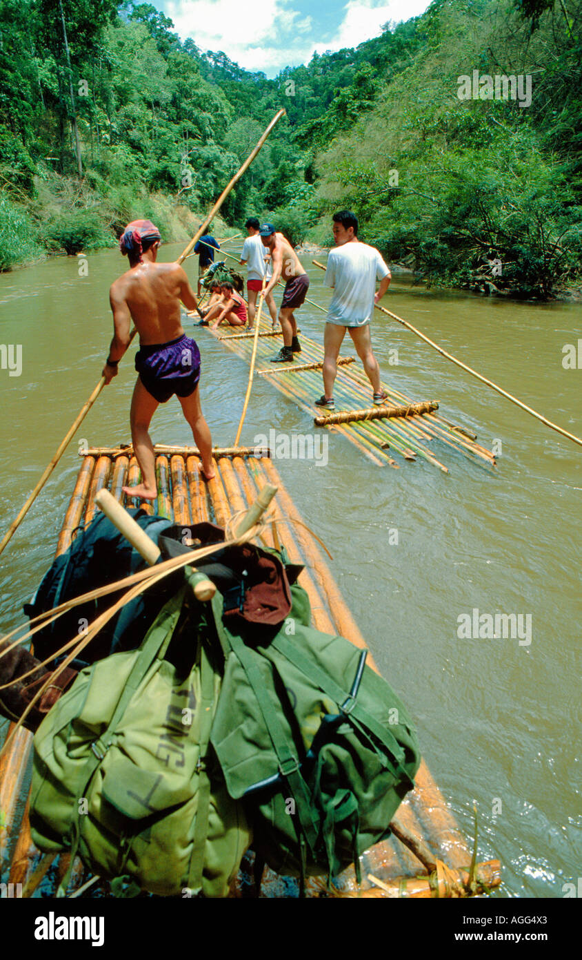 backpackers river rafting on bambu rafts, Chang Rai, Thailand Stock ...