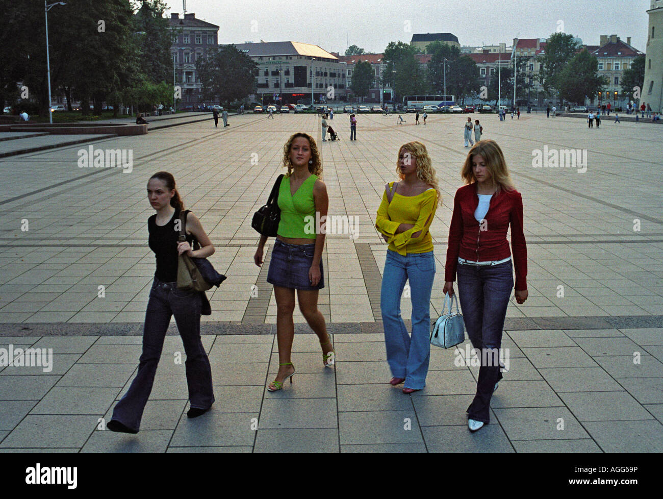 Young women at the Cathedral Square in Vilnius, Lithuania Stock Photo