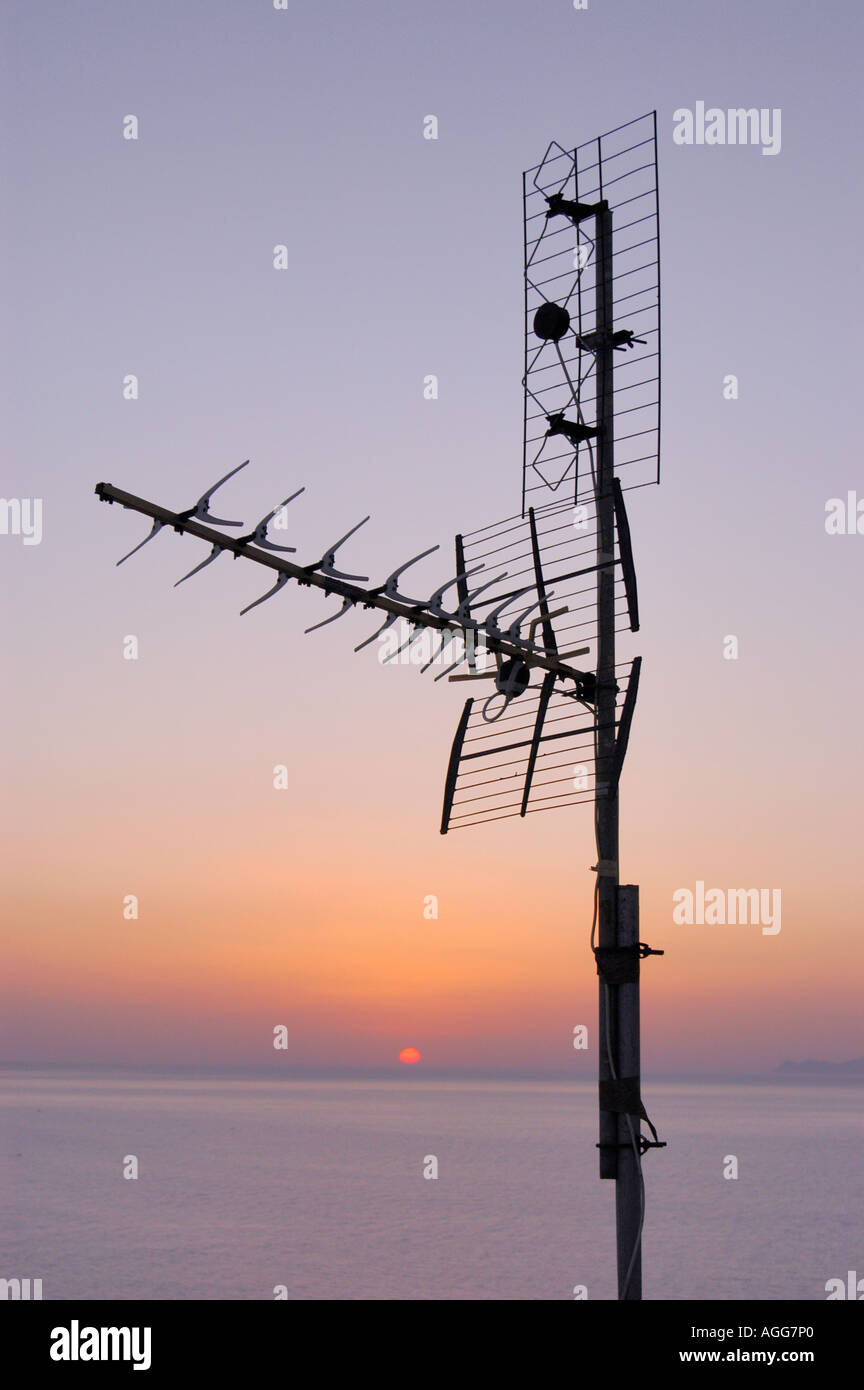 oldfashioned television antenna, Oia, Santorini, Greece Stock Photo