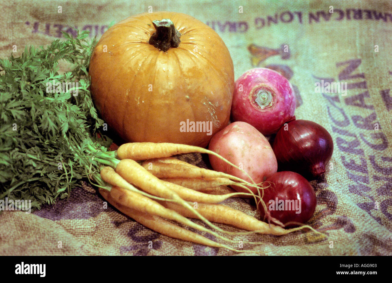 Still life arrangement of red and orange vegetables Stock Photo