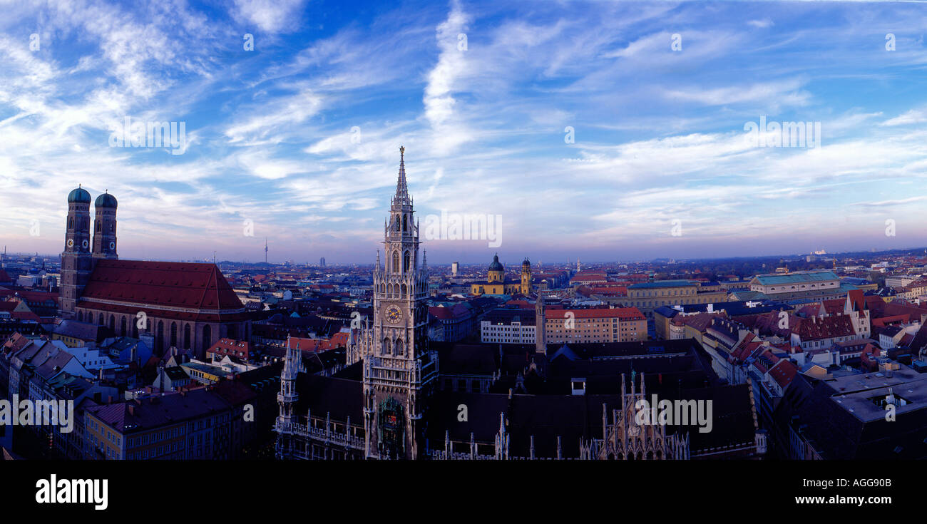 downtown panoramic look at Frauenkirche and Rathaus of Munich Bavaria Germany Europe. Photo by Willy Matheisl Stock Photo