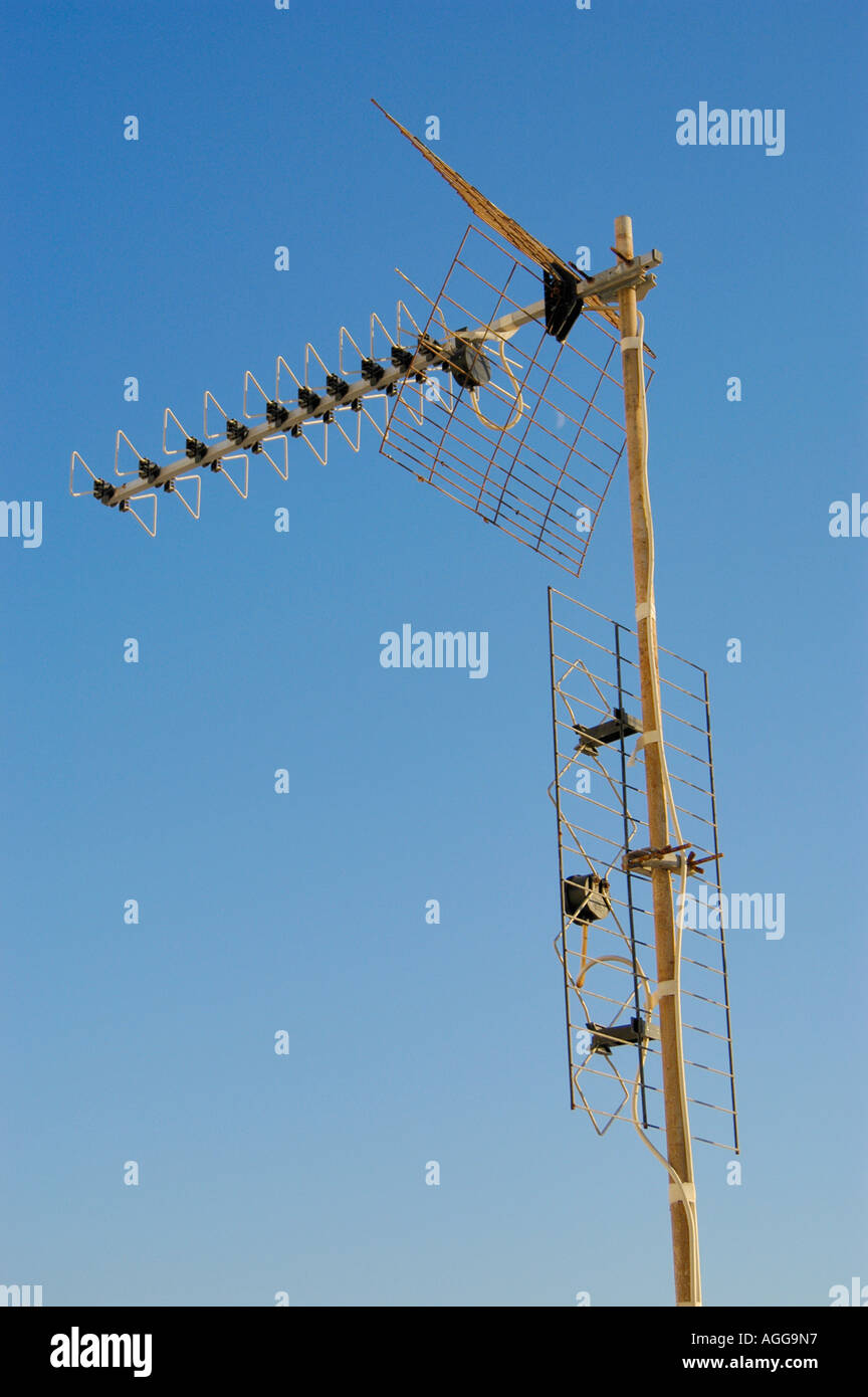 oldfashioned television antenna, Oia, Santorini, Greece Stock Photo