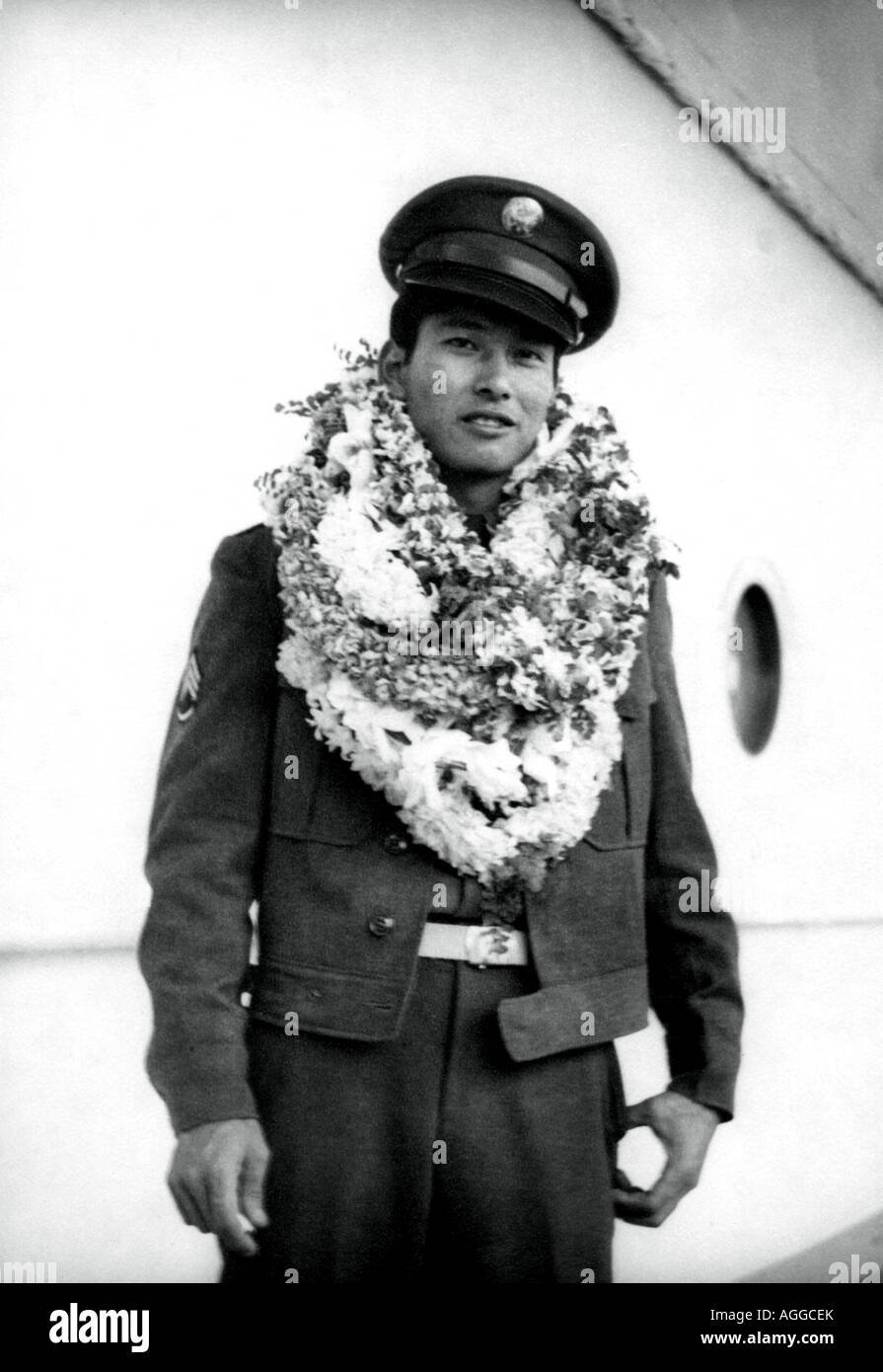 Japanese Military Man Wearing Leis Stock Photo