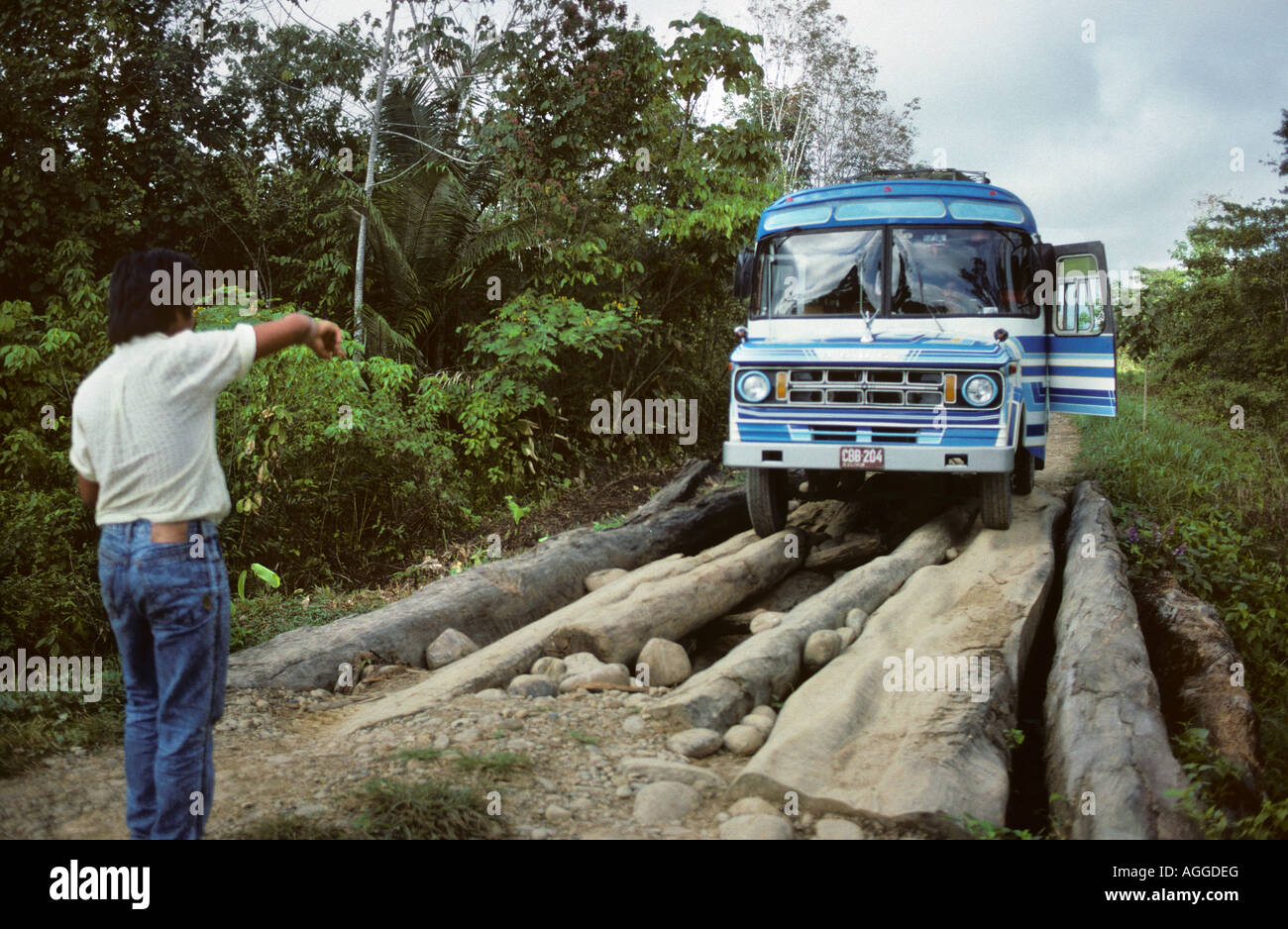 Bolivia, Reyes, Bus trying to cross improvised bridge Stock Photo Alamy