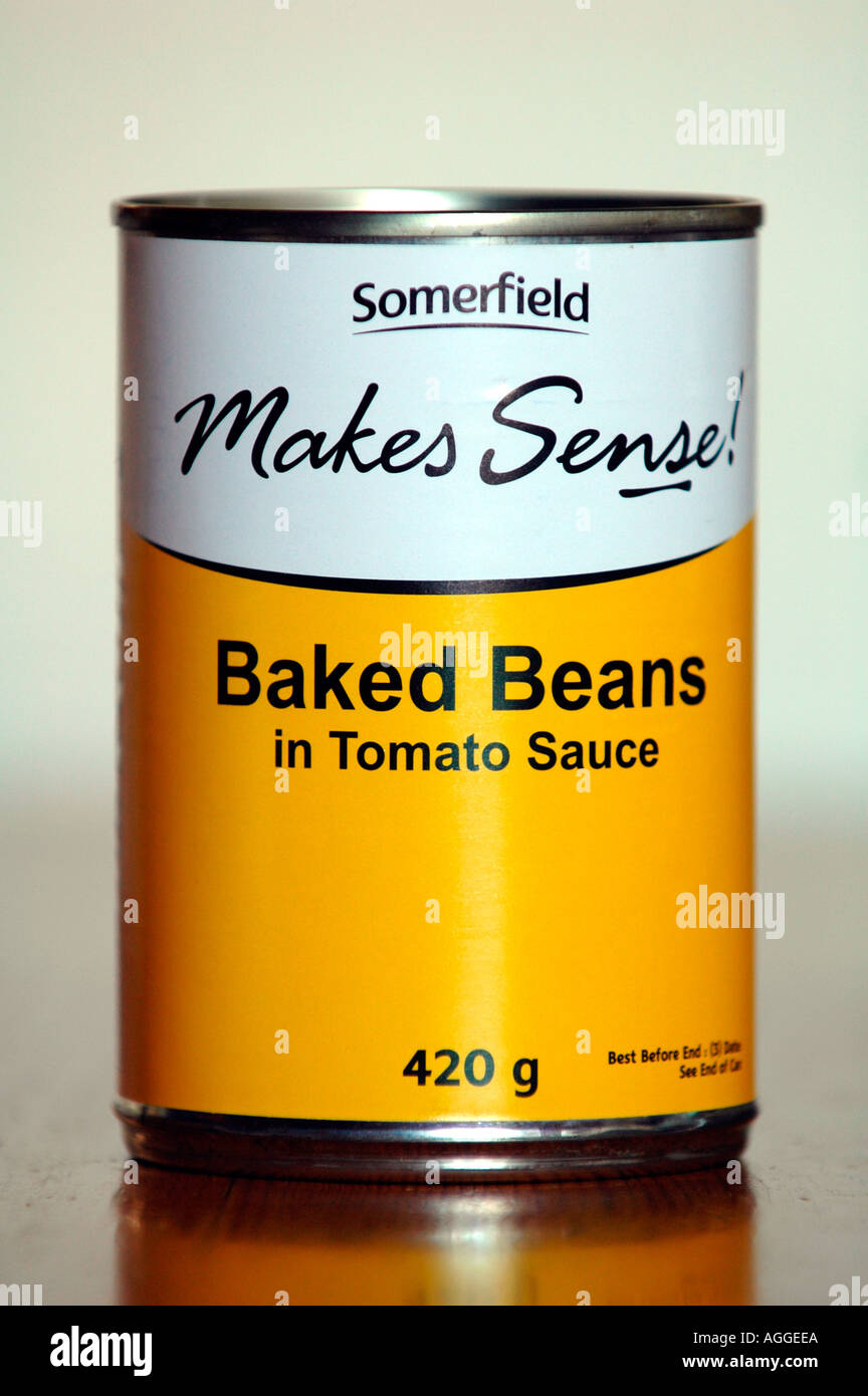 Tins of Somerfield baked beans that were given free to poor students at Aberystwyth University Ceredigion Dyfed Wales UK GB Stock Photo
