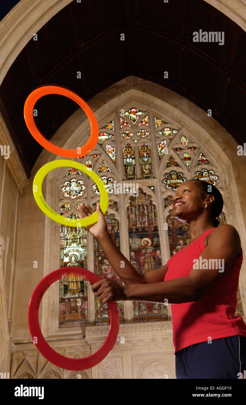 Performer juggling at circus training school based in St Pauls Church, Portland