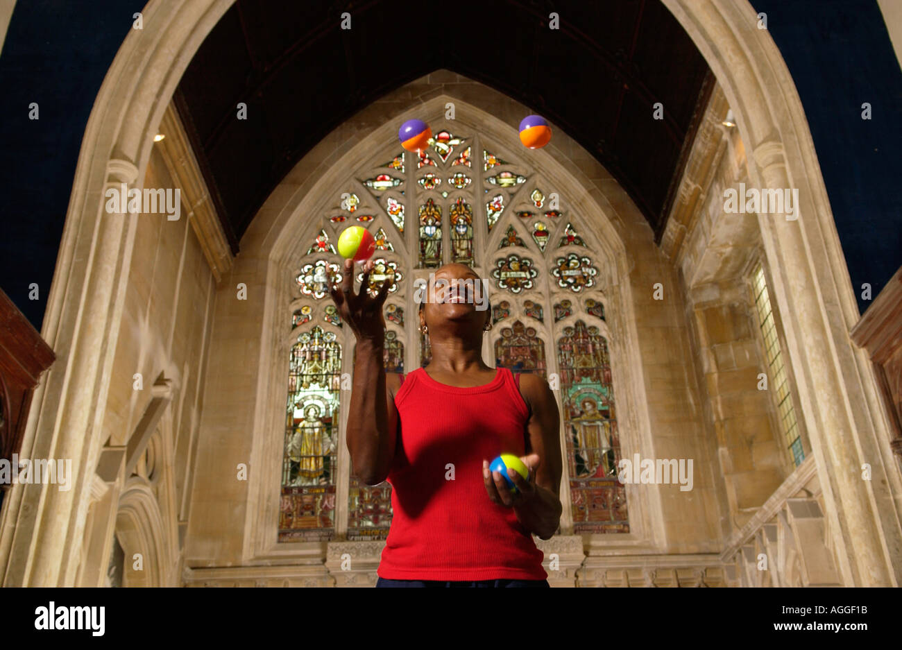 Performer juggling at circus training school based in St Pauls Church, Portland