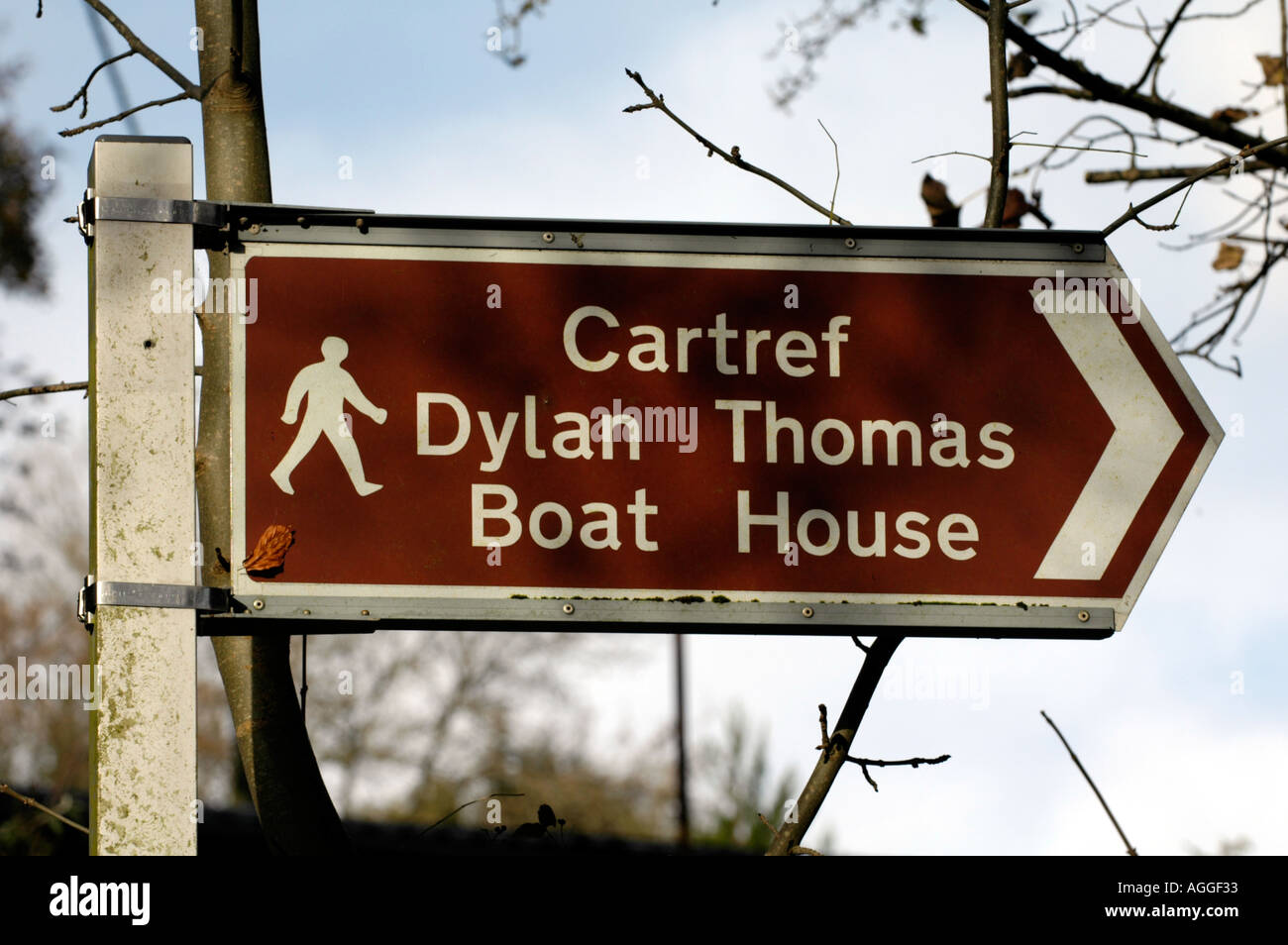 Sign to The Boat House which was the last home of poet Dylan Thomas and ...