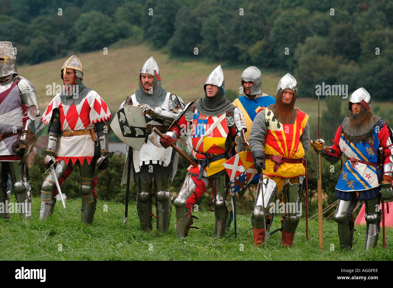 Knights prepare for battle, The Plantagenet Medieval Society recreate life in the 14th century in a display at Goodrich Castle Stock Photo