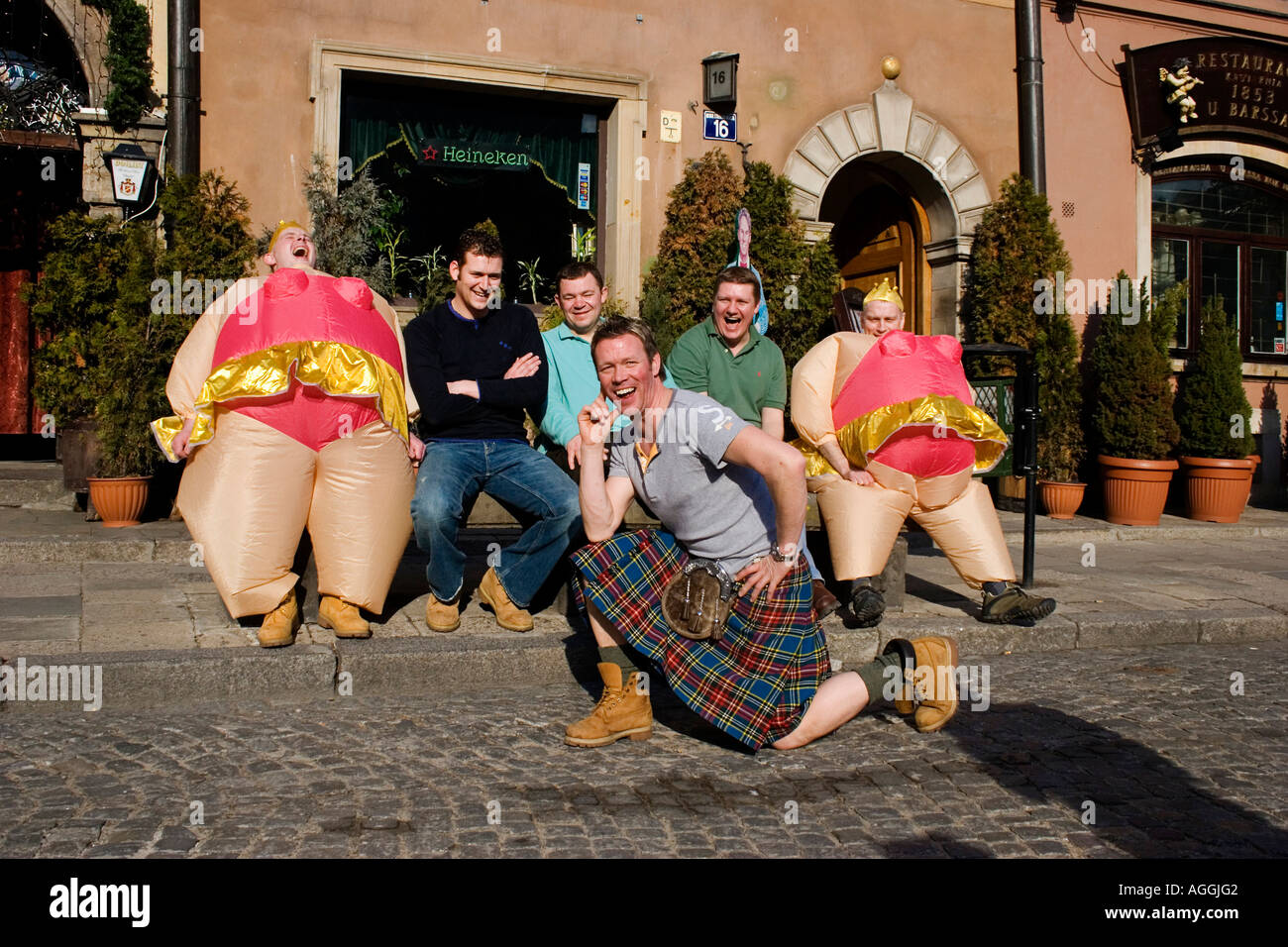 Group of men from the UK celebrating a Stag weekend in the Old Town Warsaw Stock Photo