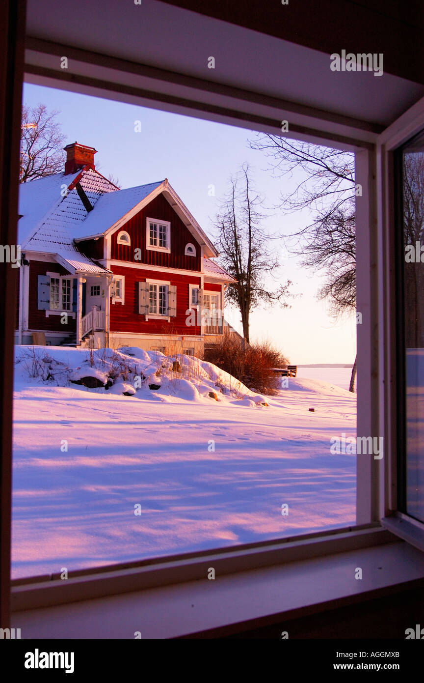 Mansion Covered In Snow With Nearby Lake Lake Malaren Sweden