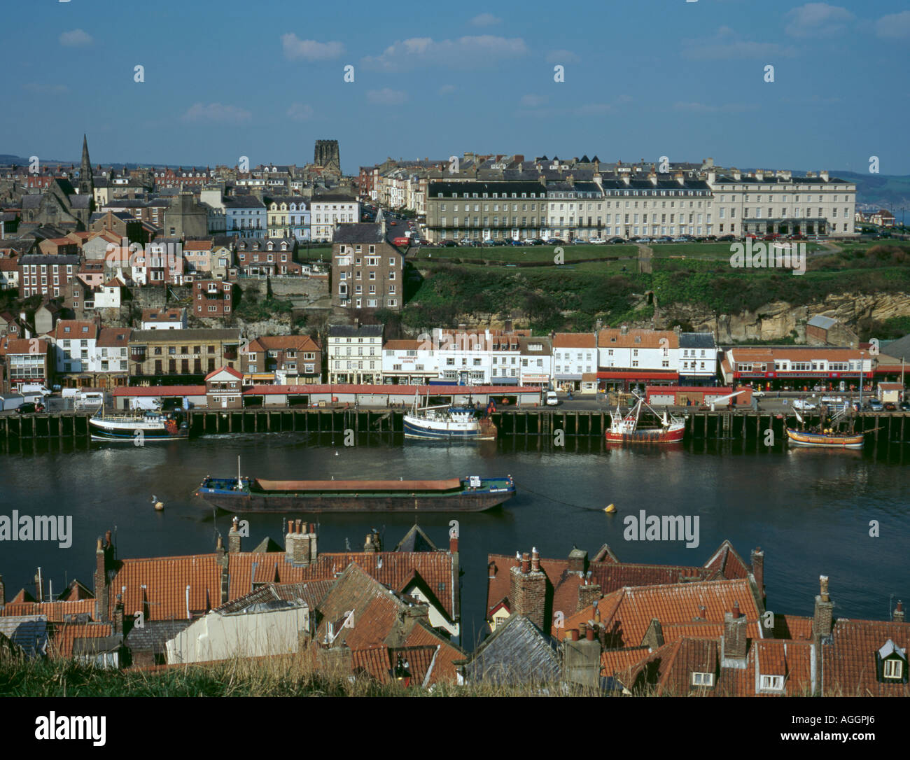 View over Harbour to the West Cliff, from St Mary's Church, Whitby, North Yorkshire, England, UK Stock Photo