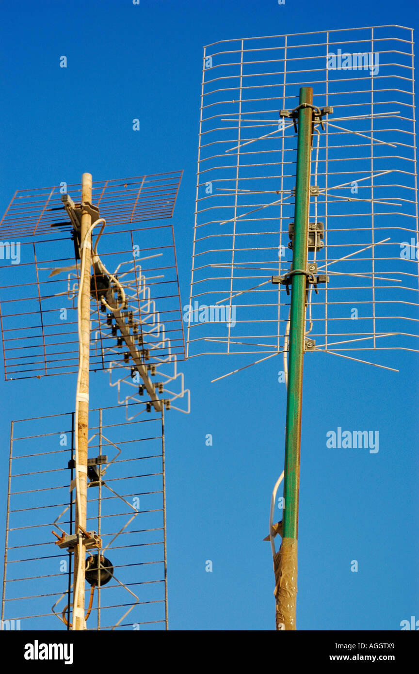 oldfashioned television antenna, Oia, Santorini, Greece Stock Photo