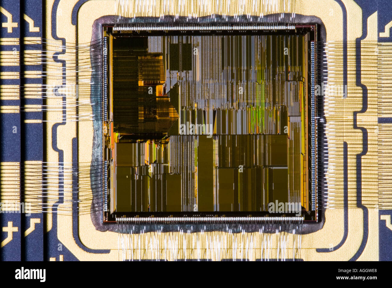 A close up of an Intel Pentium processor from a PC showing the microscopic details of the chip, Stock Photo