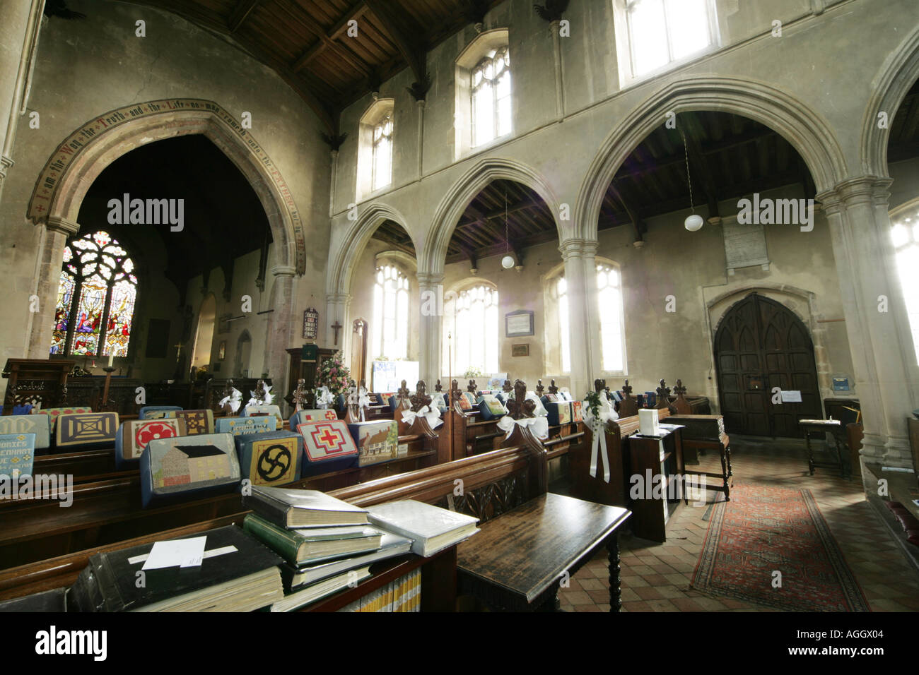 A church in Ixworth Suffolk UK decorated and prepared for a wedding ceremony Stock Photo
