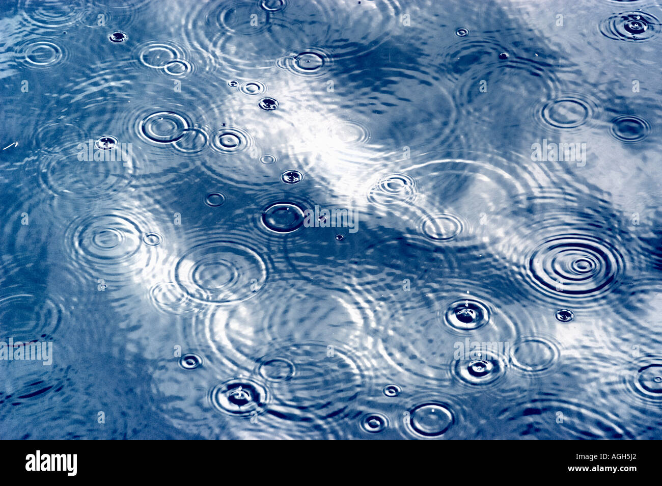 raindrops hitting water surface and creating ripples Stock Photo