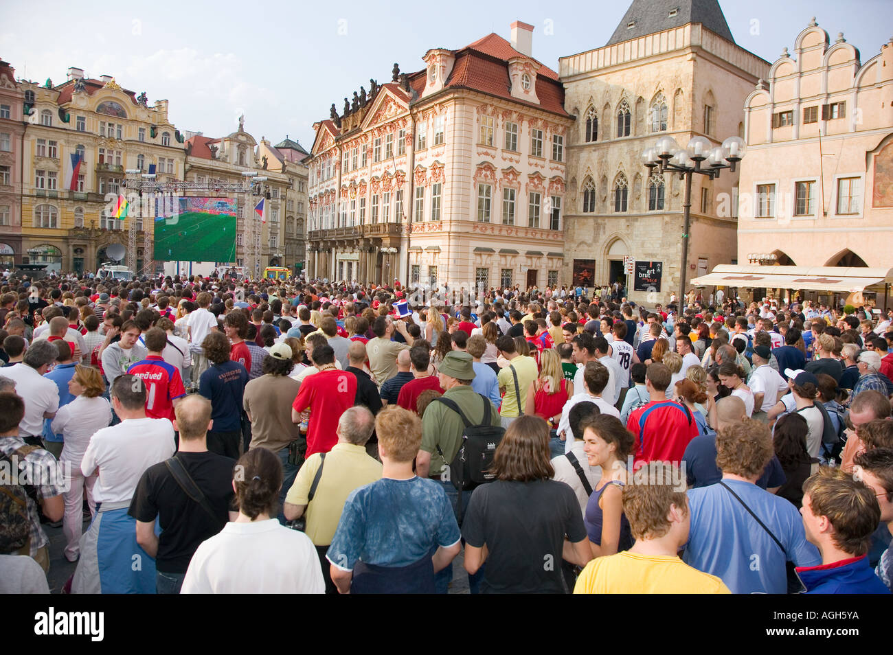 Hundreds of fans in watch the Czech  Republic soccer team play Ghana in Old Town Square, Prague, Czech Republic Stock Photo