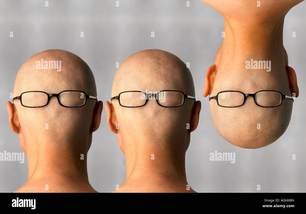 Three bald heads with glasses Stock Photo