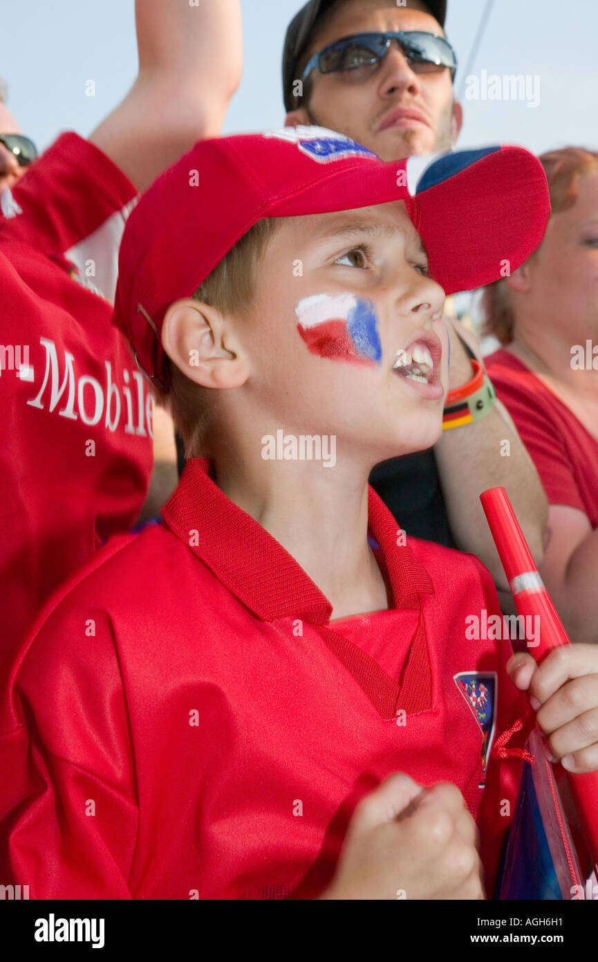 Young Czech boy cheers for his national team during the World Cup   soccer tournament in Old Town Square Prague, Czech Republic Stock Photo