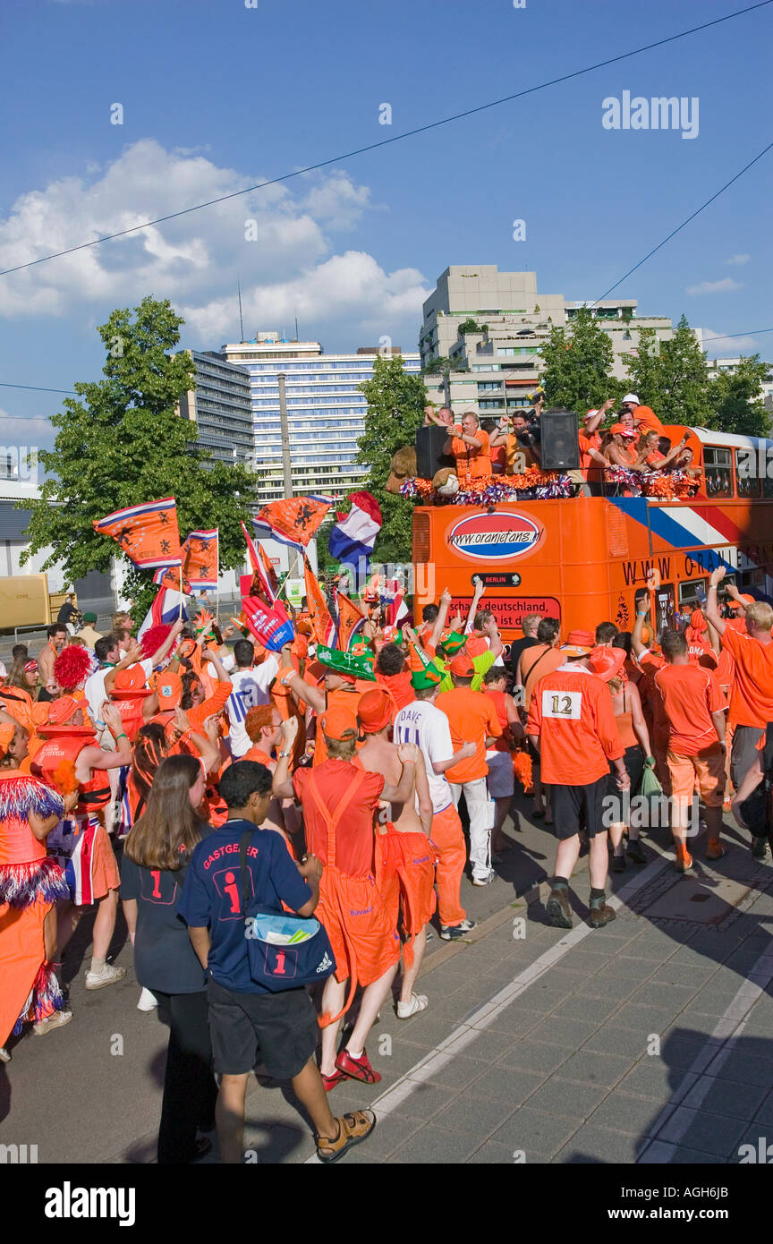 Parade of thousands of orange clad Netherlands soccer fans walk down