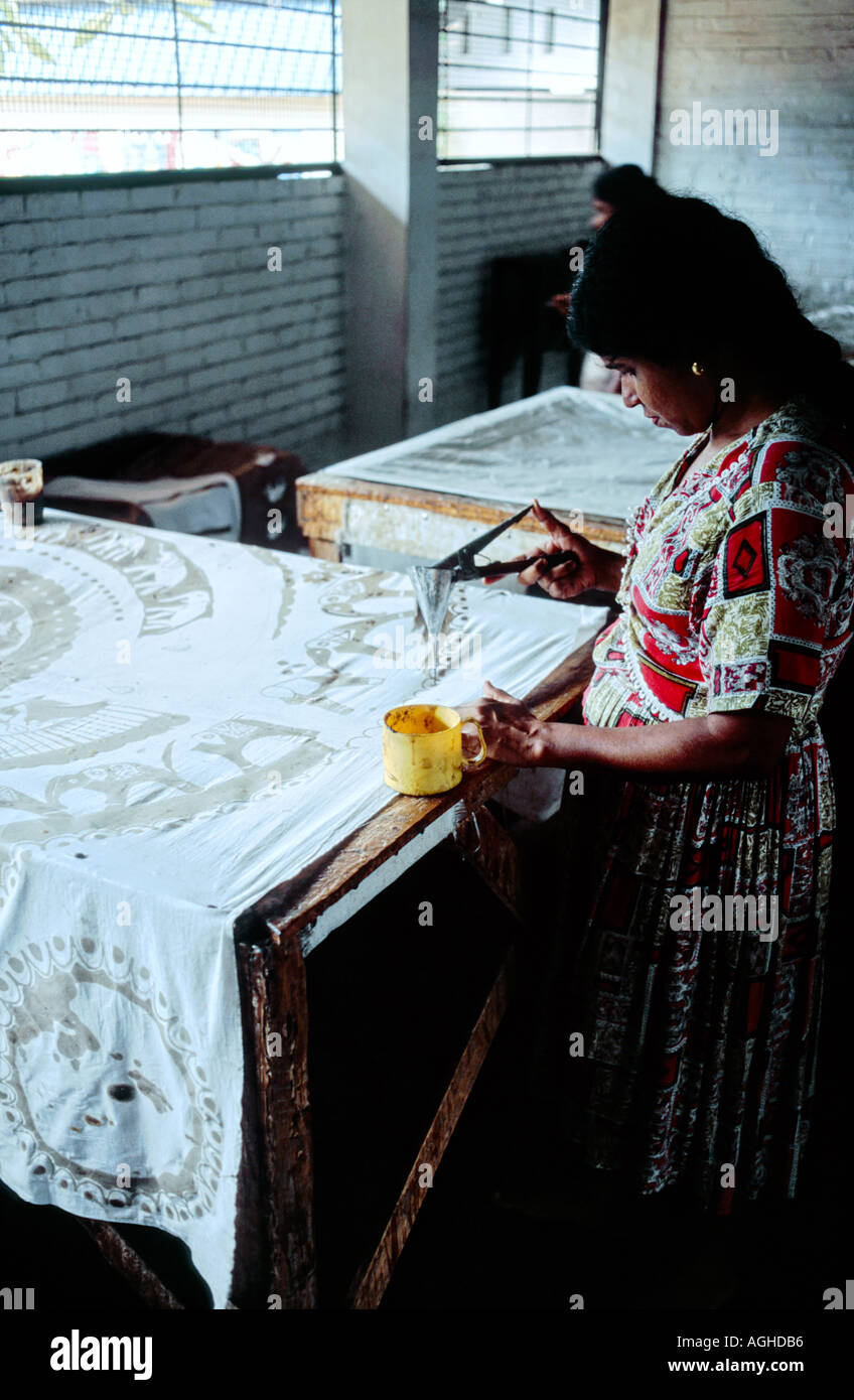 Craftswoman laying out wax at a Batik works. Sri Lanka. Stock Photo