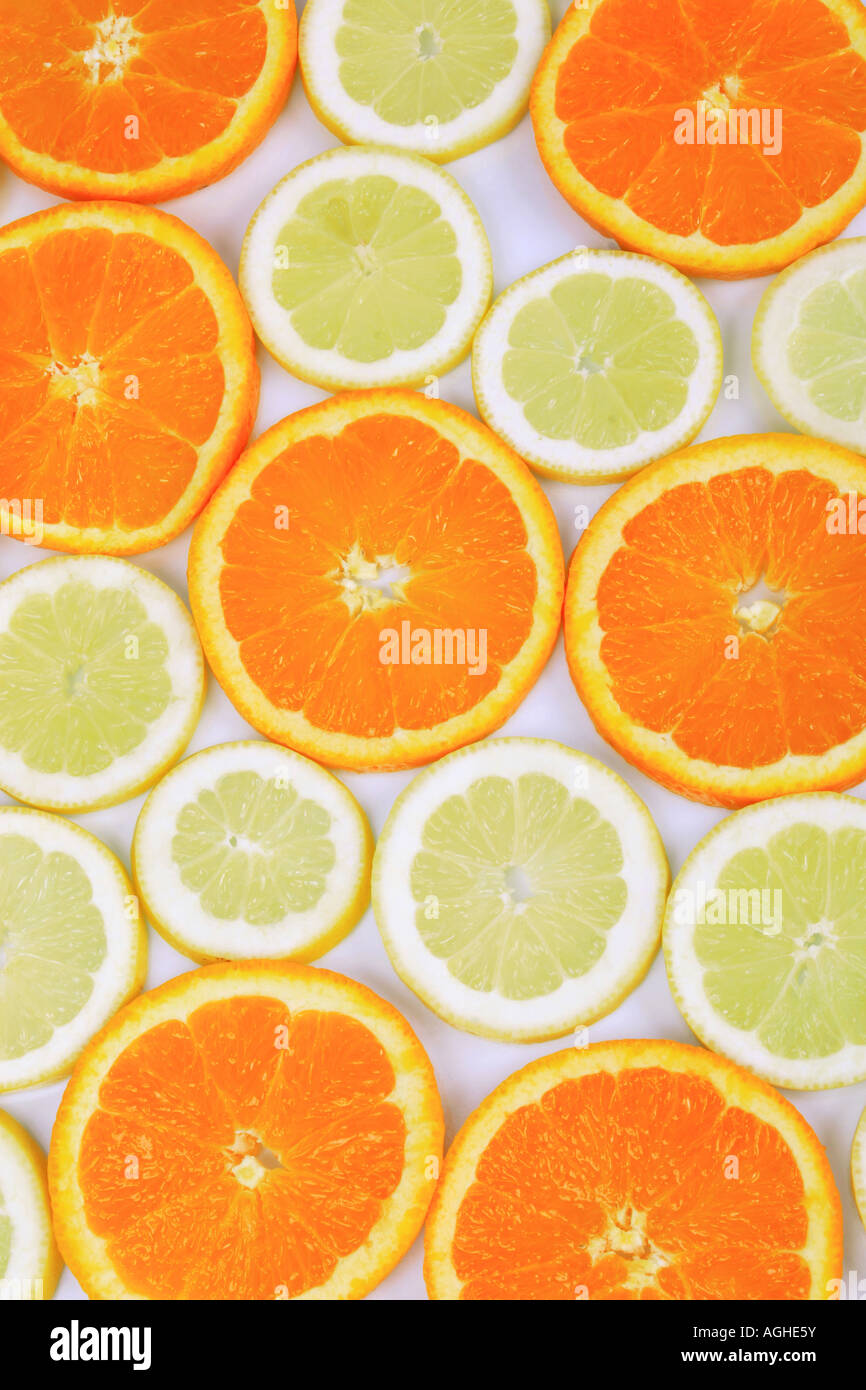 orange (Citrus sinensis), orange slices and lemon slices Stock Photo