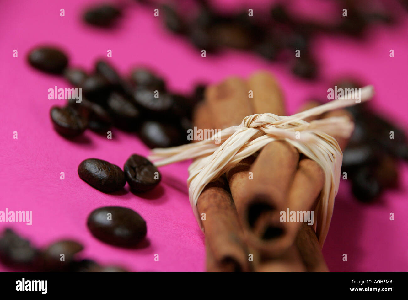Cinnamon sticks and coffee beans close up Stock Photo