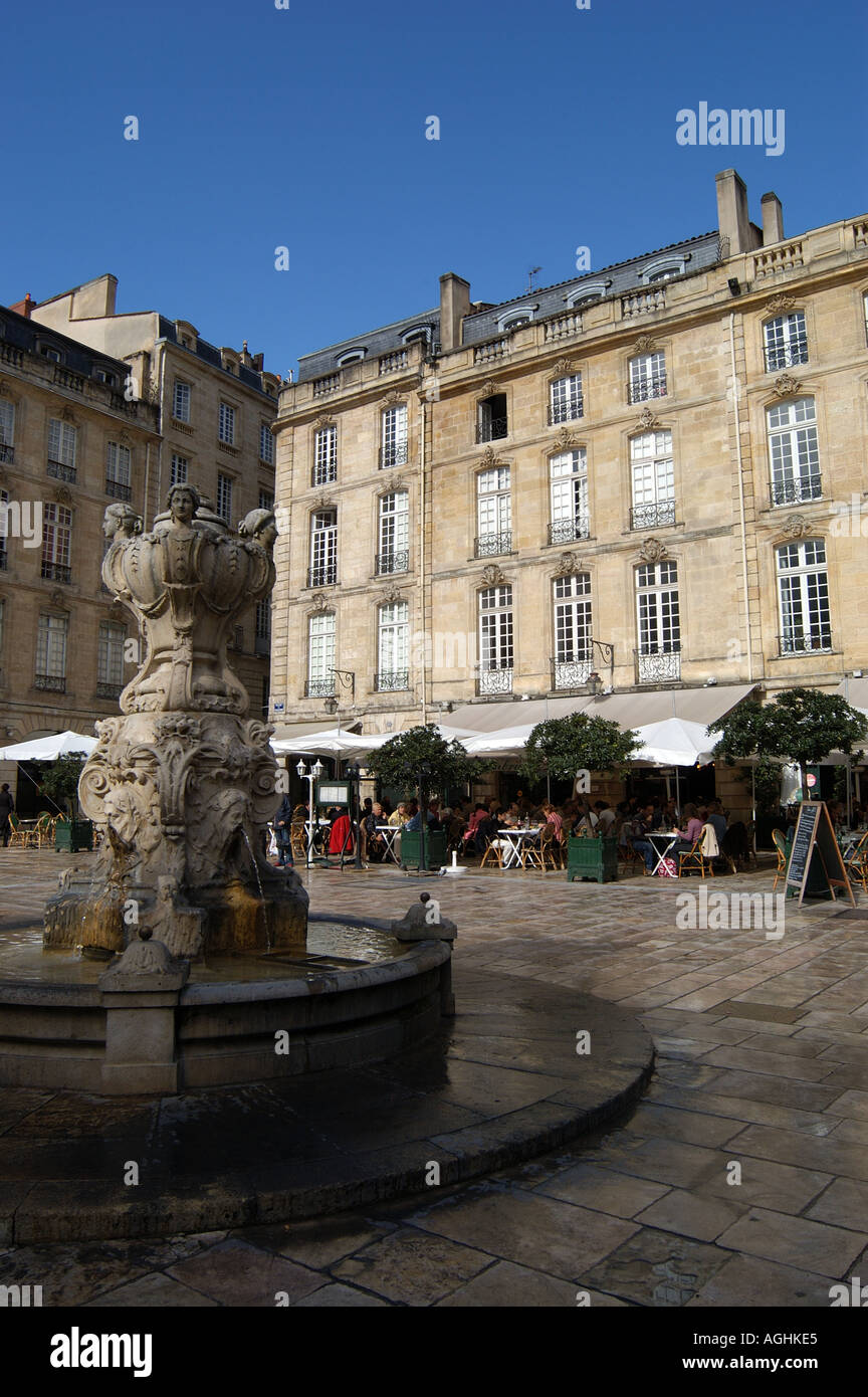 Neoclassical architecture and fountain in Place du Parliament Bordeaux France Stock Photo