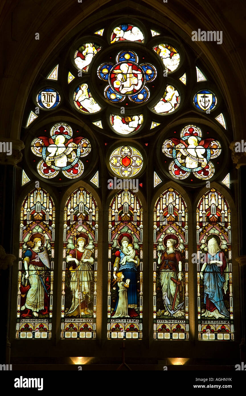 Stained glass at Kylemore Abbey church, County Galway, Ireland Stock