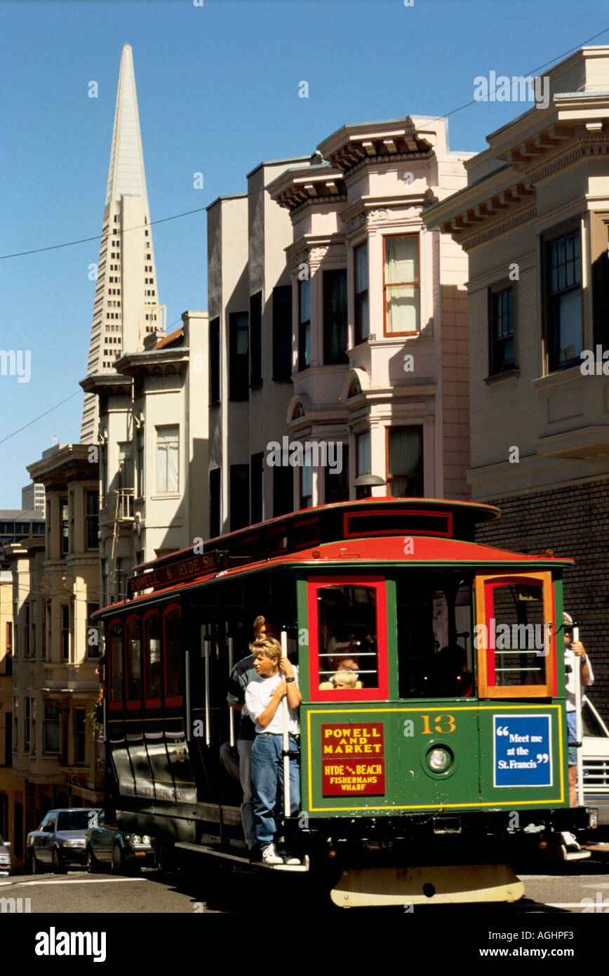 San Francisco, CA, USA, cable car on Jackson Street, victorian houses