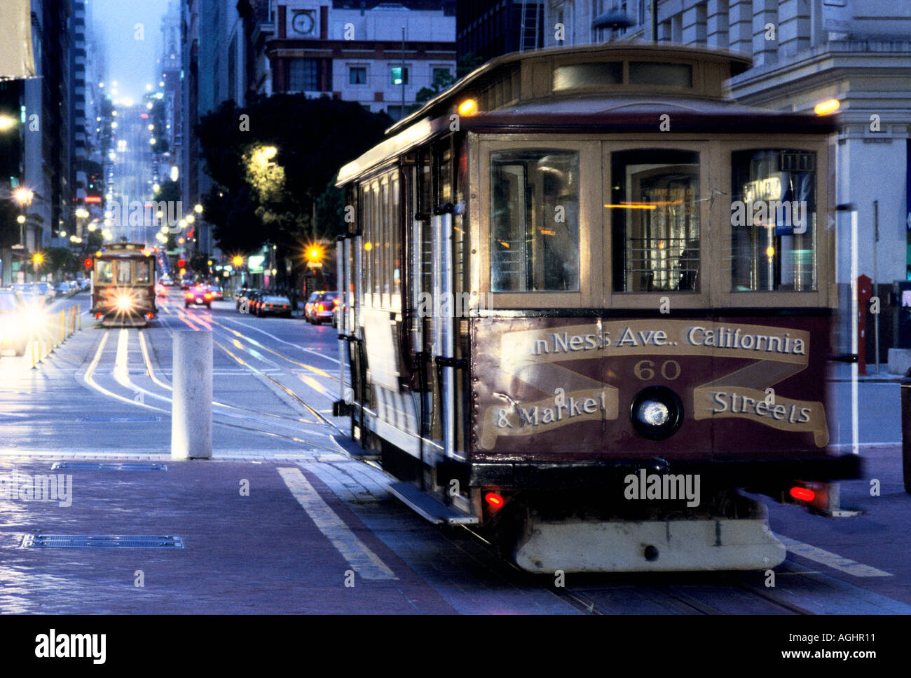 San Francisco, CA, USA, cable cars at the north end of California Street, dusk Stock Photo