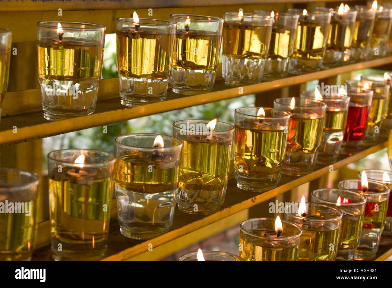 oil lamps lit for buddhist prayers concept hope peace love comfort