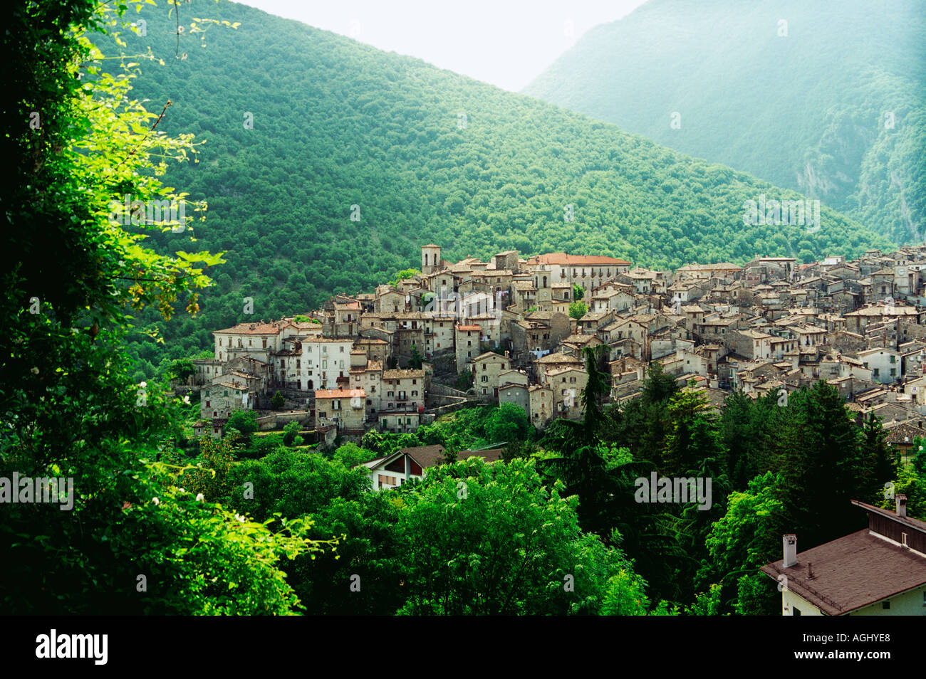 A view of the medieval hill town of Scanno in the Abruzzo region of Italy Stock Photo