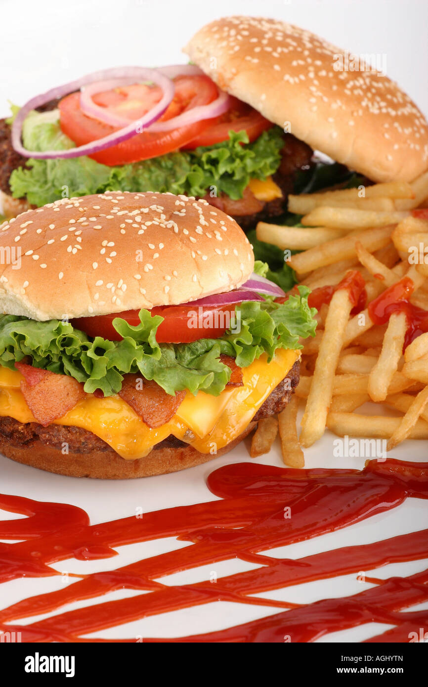 Hamburger with French fries ketchup fast food American dishes nobody