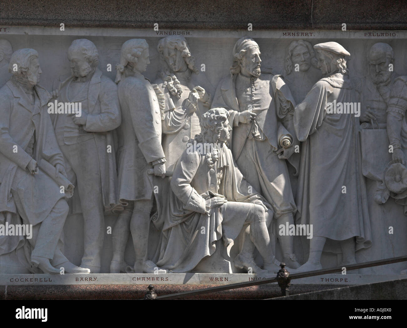 Sir Christopher Wren seated next to Vanbrugh and other historic notaries on the frieze of the Albert Memorial London Stock Photo