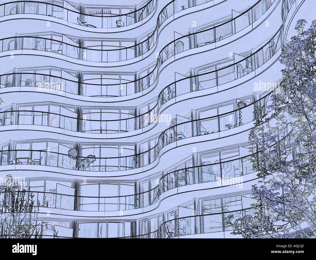 Line image of curved balconies in a block of prestigious London flats Stock Photo