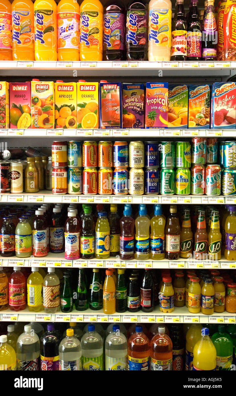 juices and soft drinks on sale small supermarket North London Stock