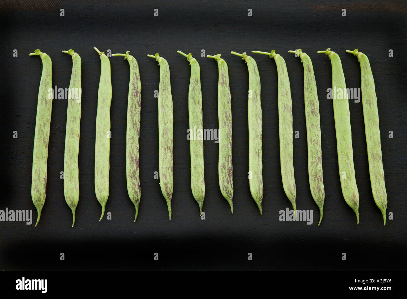 Runner beans (Phaseolus coccineus) string beans on black background Stock Photo