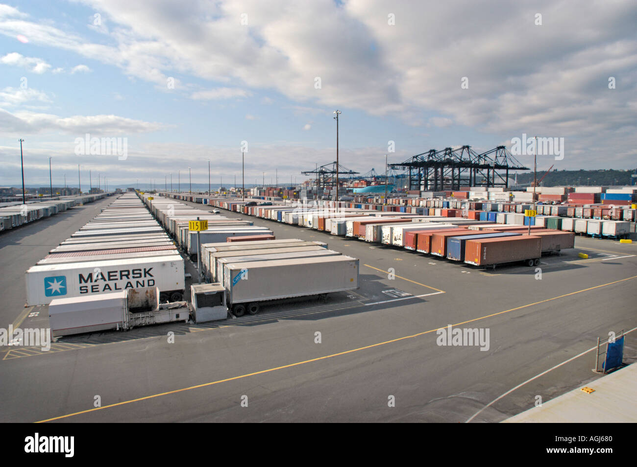 Shipping containers and ships in the port of Washington Stock