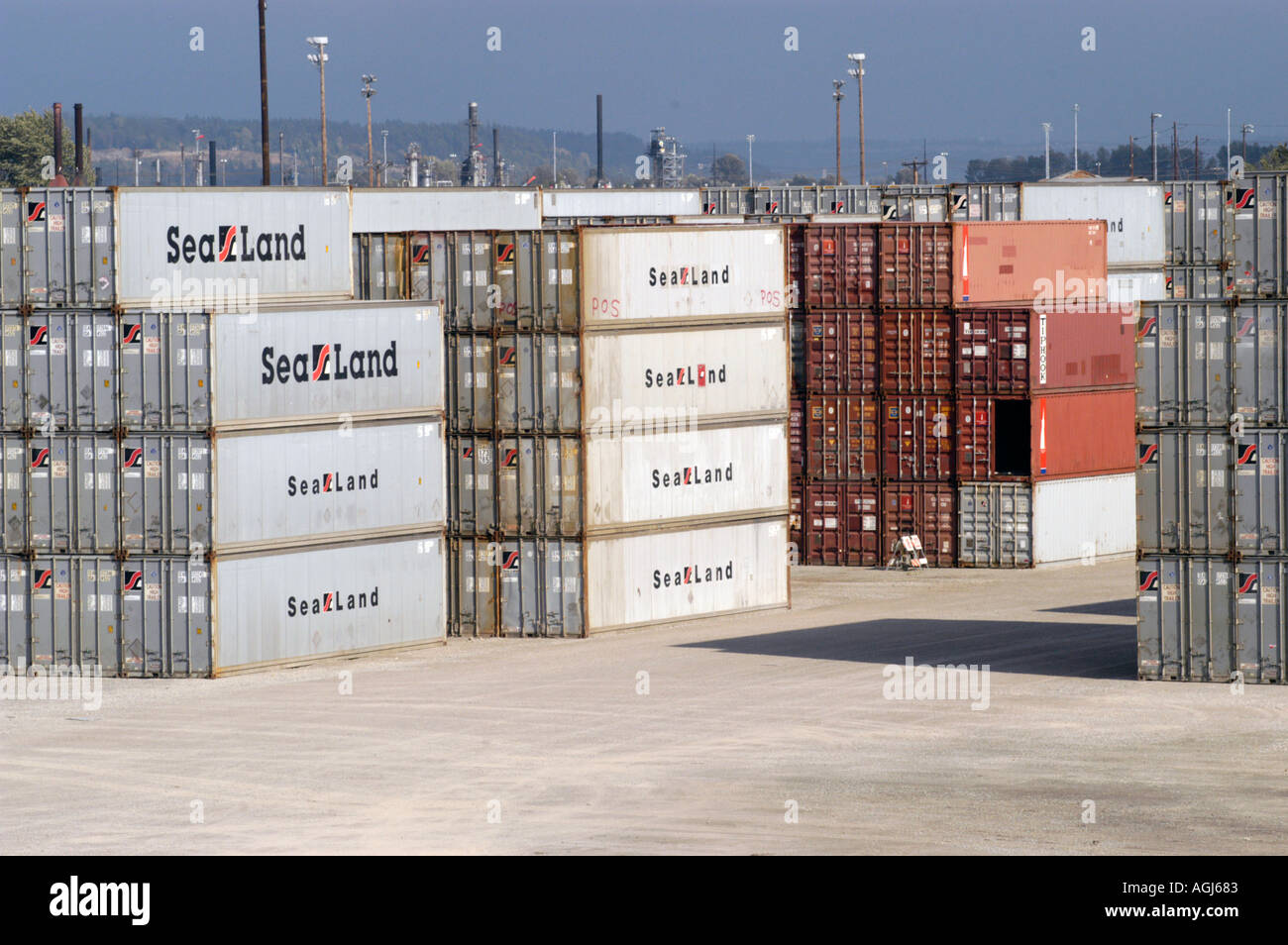 Shipping containers and ships in the port of Washington Stock