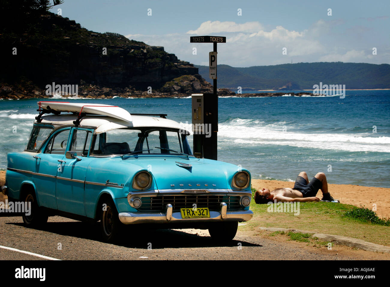 Old holden station wagon at the beach Stock Photo