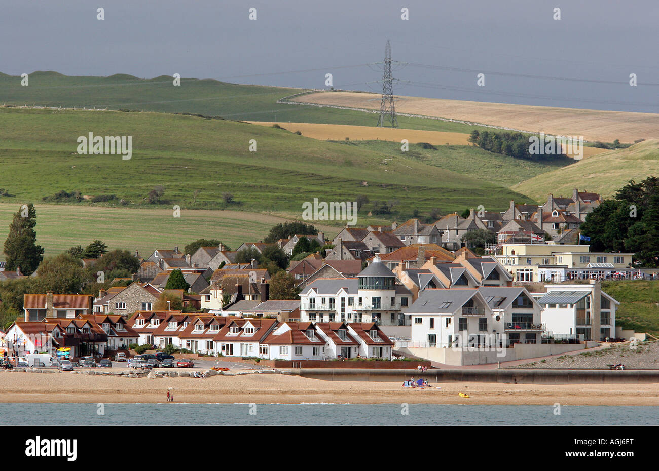 View from the sea of Overcombe Corner at Preston in Weymouth, Dorset, England Stock Photo