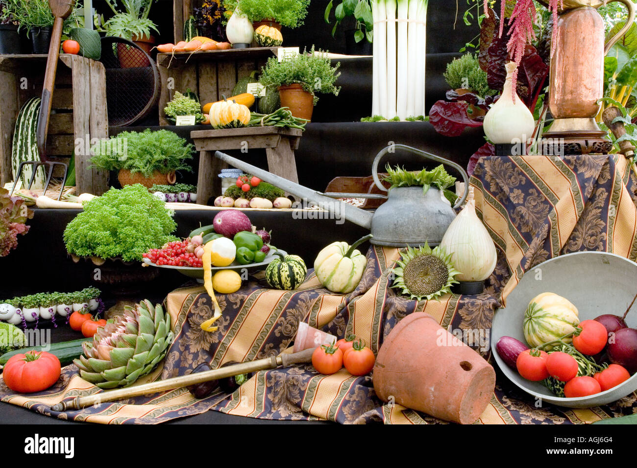 Montage winning fruit and vegetable garden shed display at New Forest Show Stock Photo