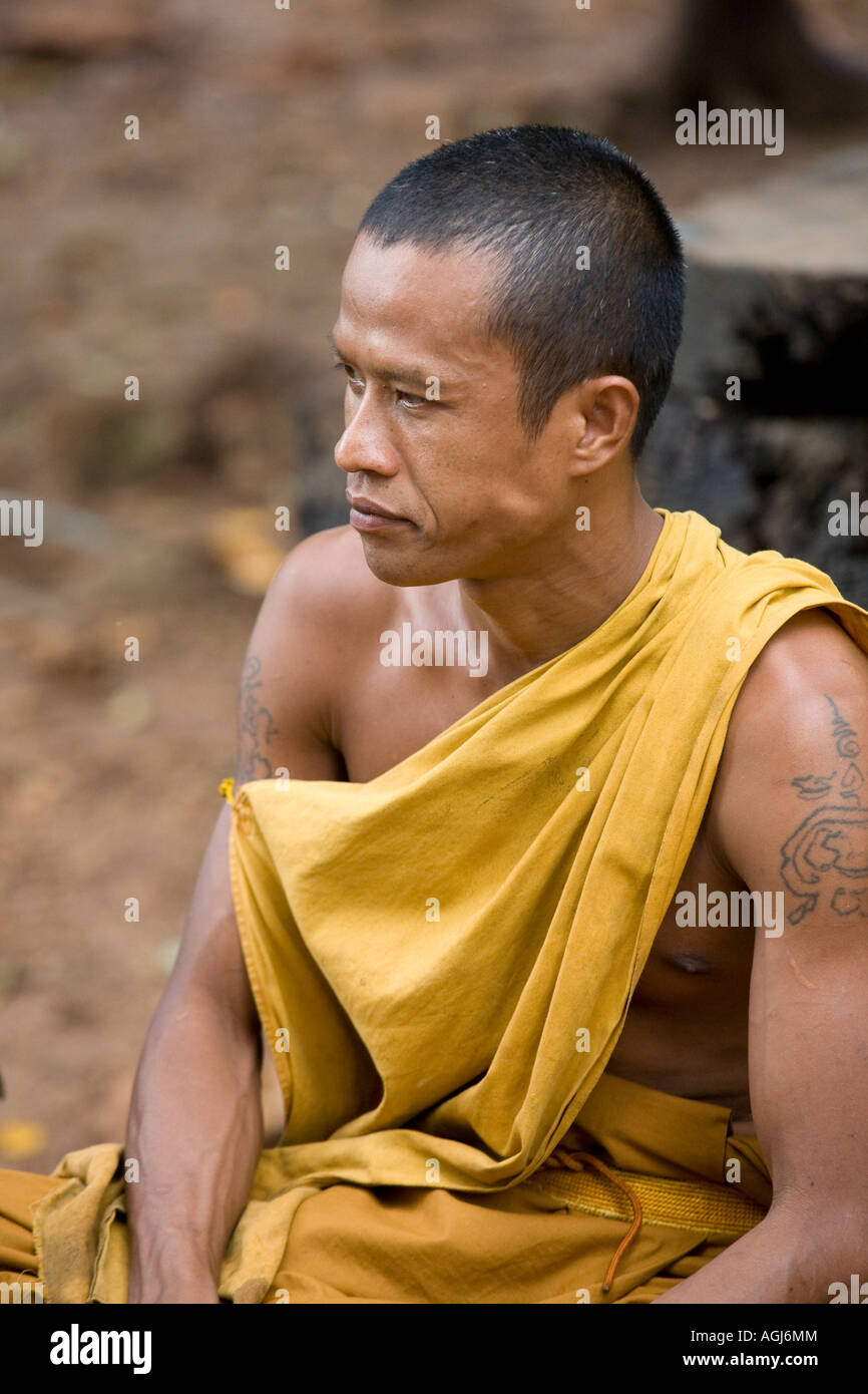 Thai monk in saffron robes in Kanchanaburi Tiger Tiger Temple Thailand ...
